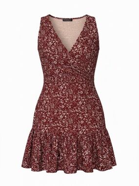 Ditsy Floral Ruffle Hem V Neck Princess Polly Vibes Mini Dress Burgundy & White